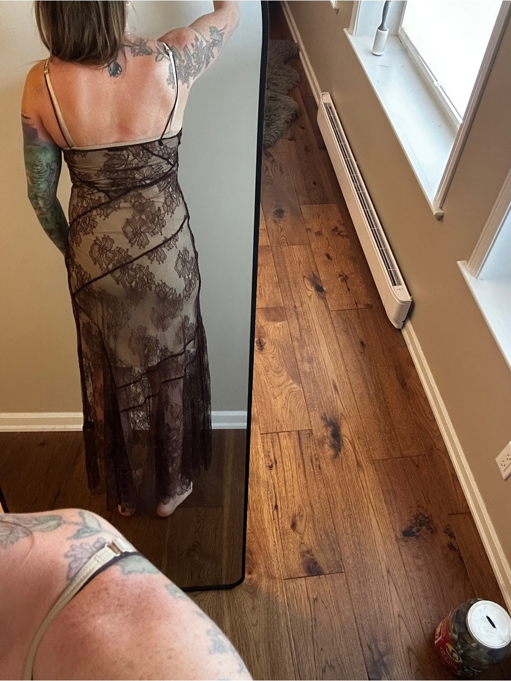 Zara Floral asymmetric all lace Camisole Dress in Dark Brown - Picture 7 of 7